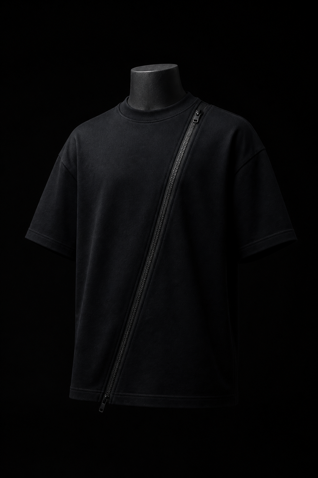 Diagonal fermuarlı siyah ağır gramajlı t-shirt konsept görseli